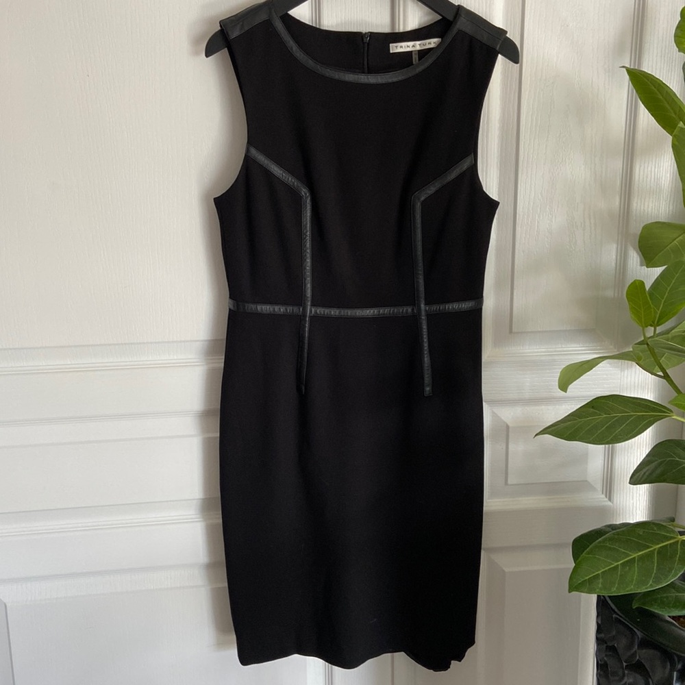 Trina Turk Katharine Black Faux Leather Piping Ponte Knit Sheath Dress - Picture 2 of 13